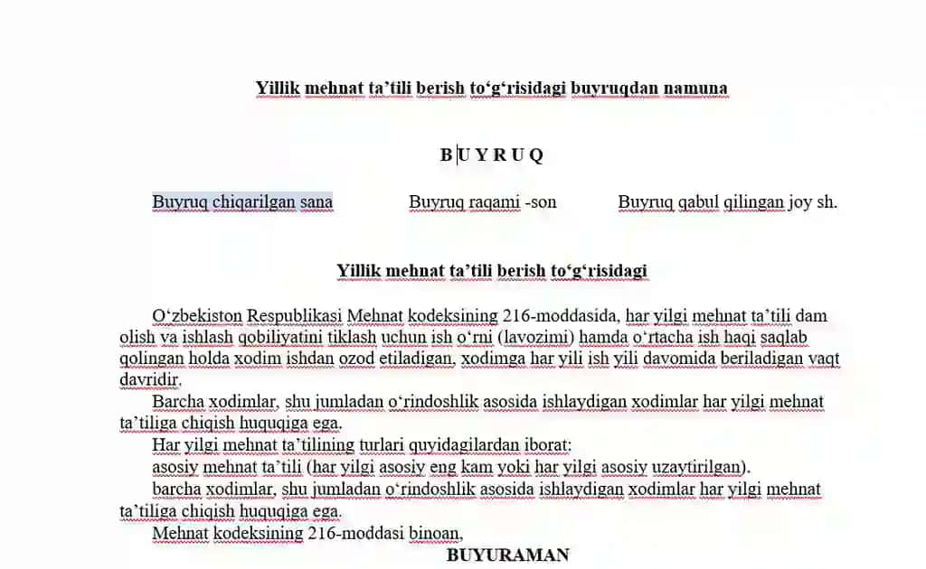 Yillik mehnat ta’tili berish to‘g‘risidagi buyruqdan namuna