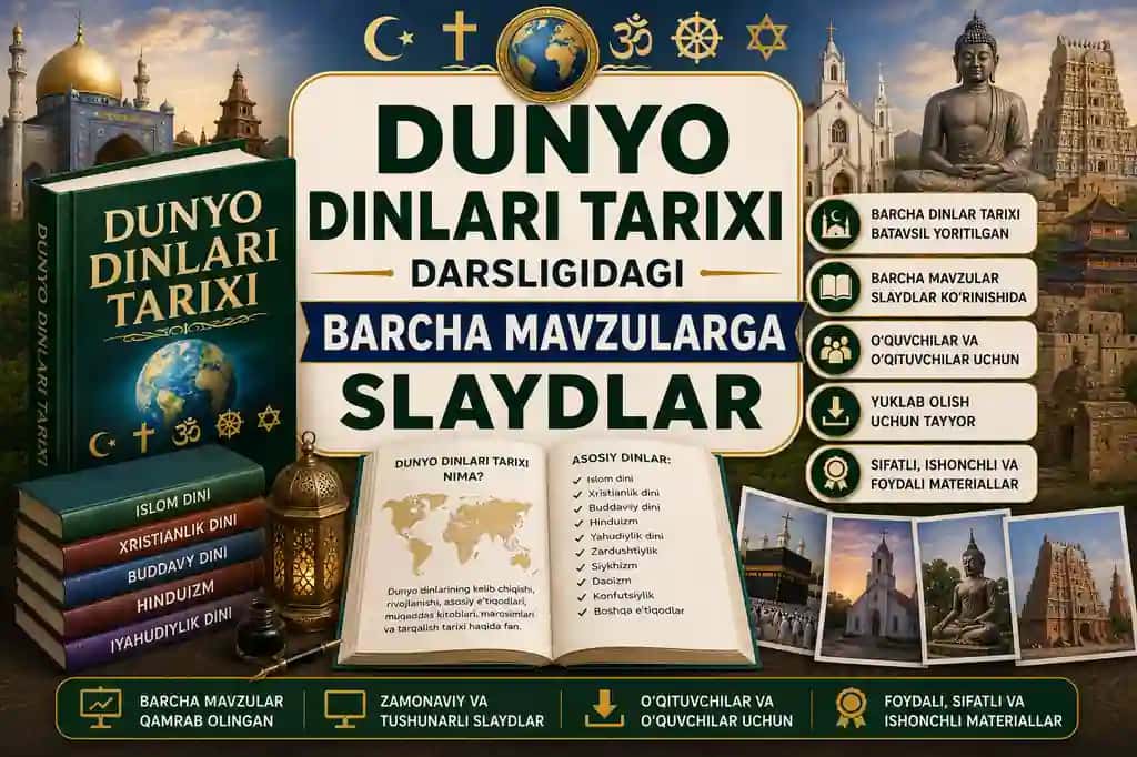 Dunyo dinlari tarixi darsligidagi barcha mavzularga slaydlar