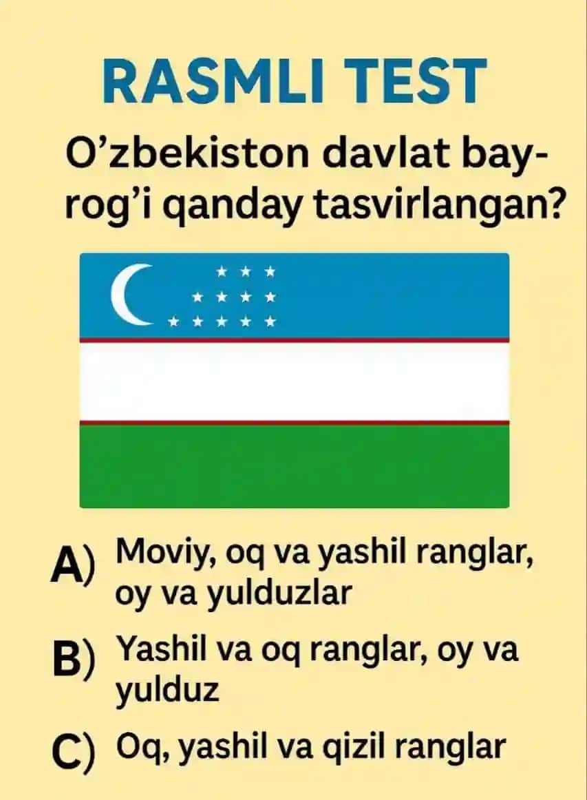Oʻzbekiston respublikasi davlat bayrogʻi. Rasmli testlar.