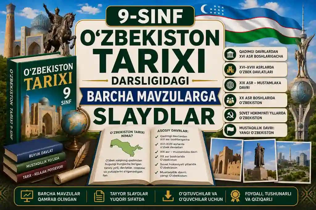 9-sinf O'zbekiston tarixi darsligidagi barcha mavzularga slaydlar