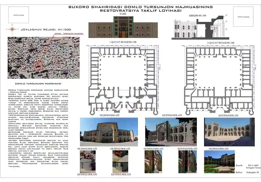 Buxoro shahridagi domlo Tursunjon majmuasining restovratsiya taklif loyihasi AutoCAD fayl