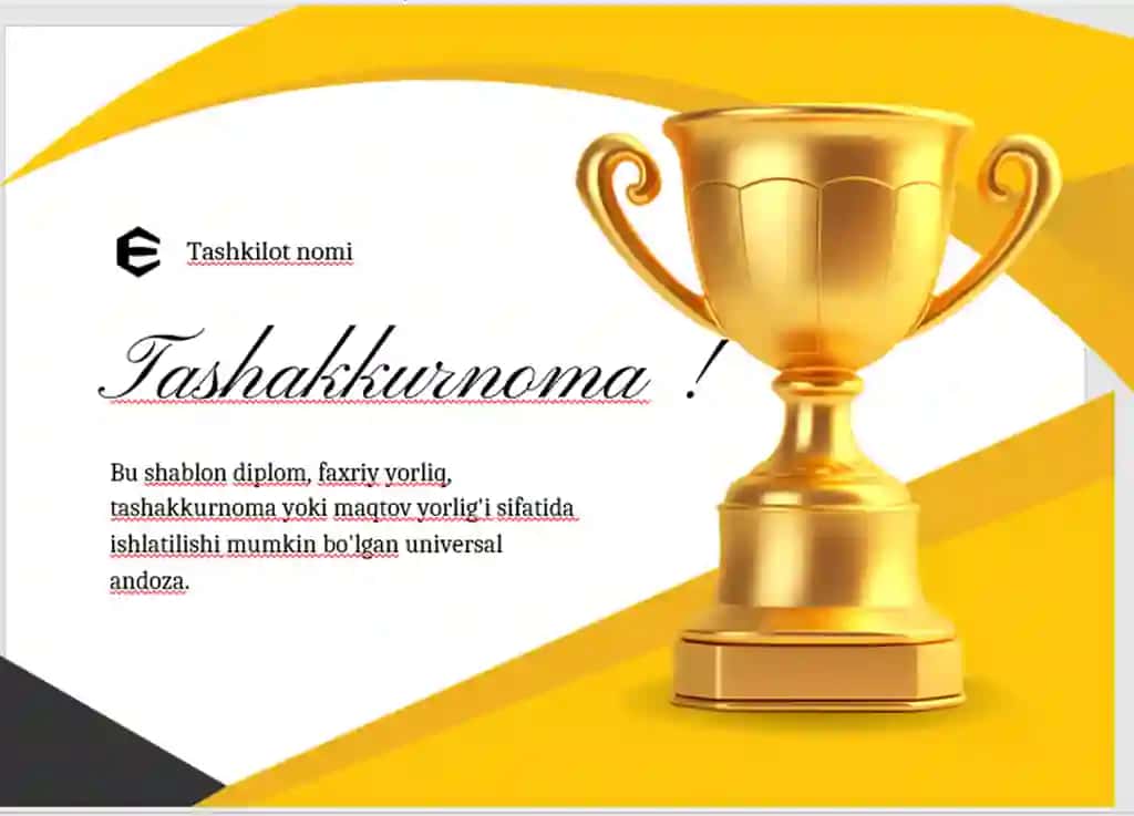 TASHAKKURNOMA shablon tayyor andoza