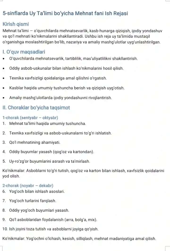 mehnat fanidan 5 sinflarga uy ta'lim ish reja