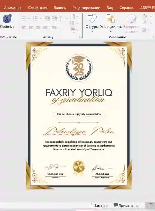 Faxriy yorliq shablon tayyori andoza
