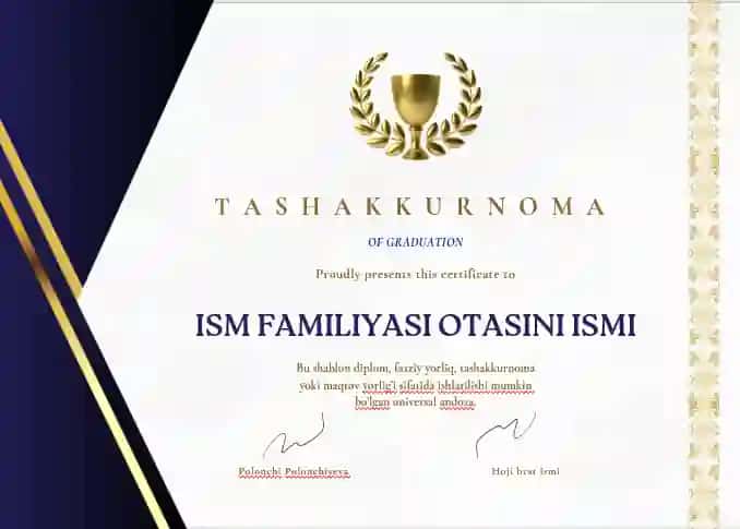 TASHAKKURNOMA shablon tayyori andoza