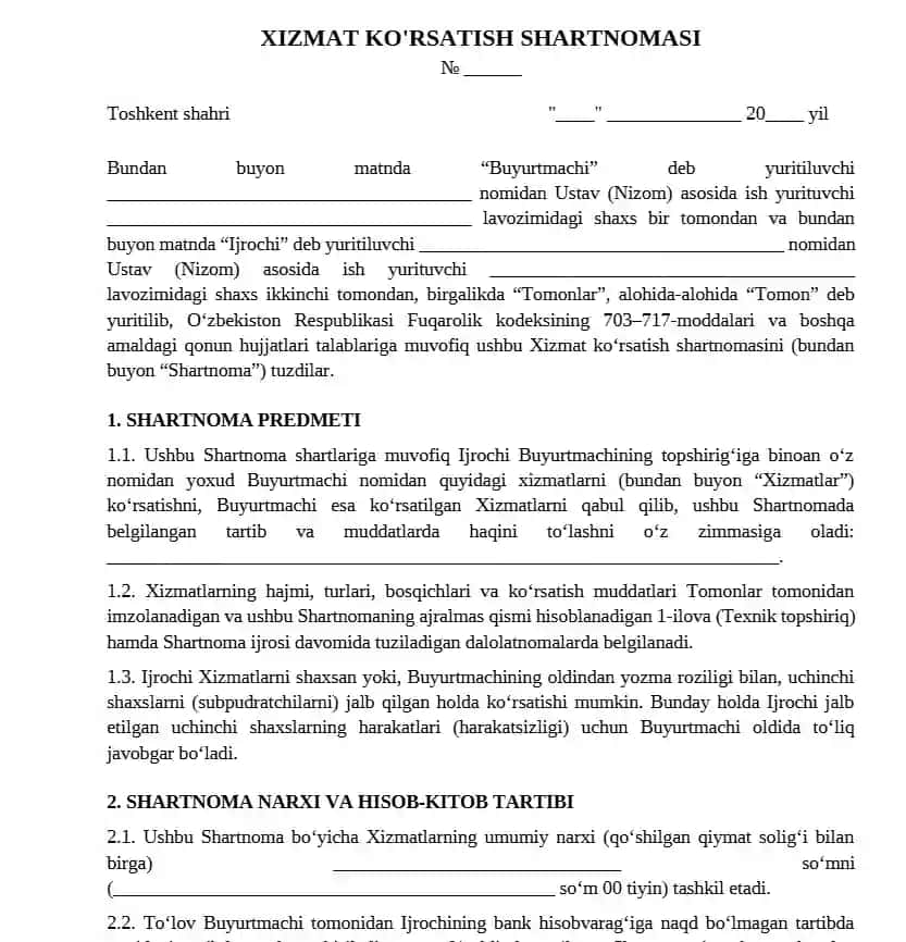Xizmat ko'rsatish shartnomasi — professional yuridik shablon (.docx)
