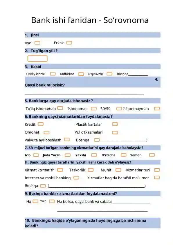 Bank ishi so'rovnoma