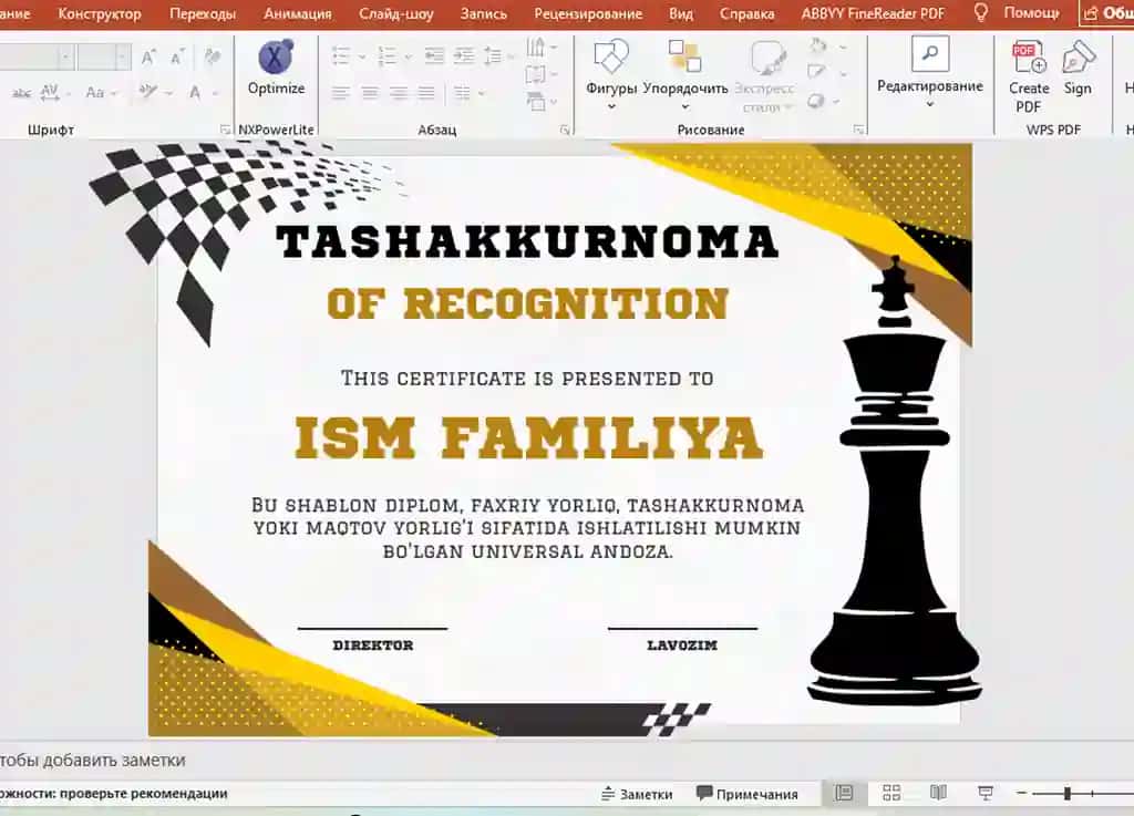 TASHAKKURNOMA shablon tayyor andoza