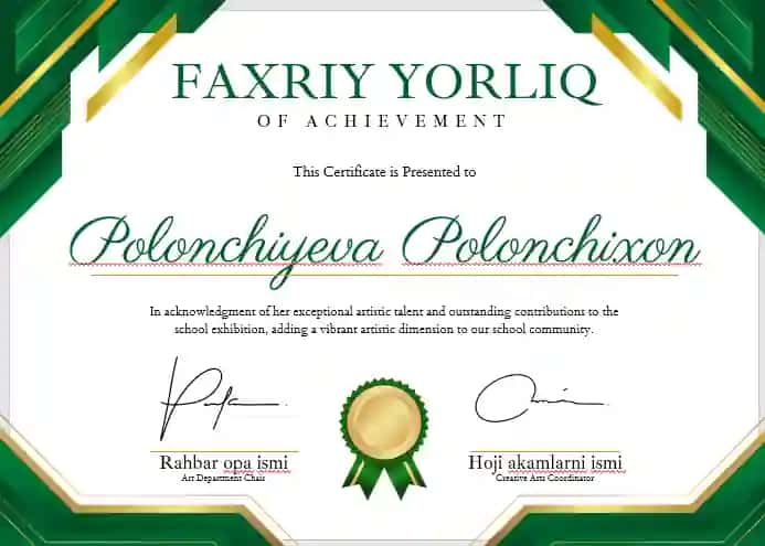 Faxriy yorliq shablon tayyori andoza