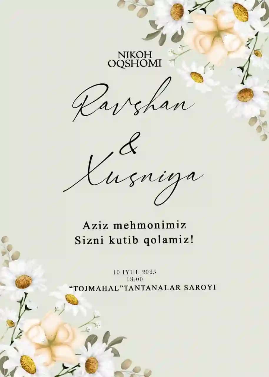 🌿 Nikoh Taklifnomasi — "Ravshan & Xusniya" PSD Shablon