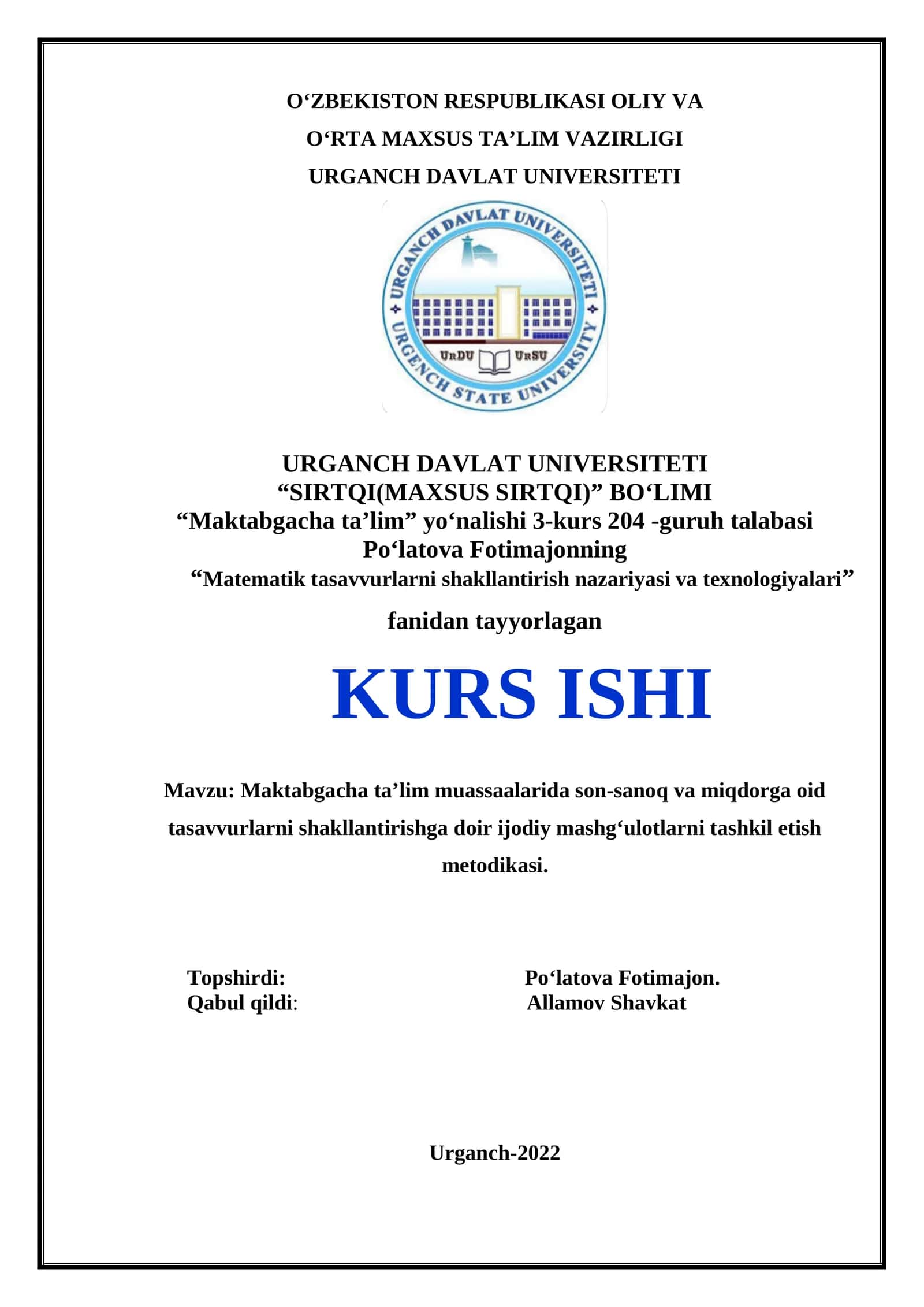 Maktabgacha ta’lim muassaalarida son-sanoq va miqdorga oid tasavvurlarni shakllantirishga doir ijodiy mashg‘ulotlarni tashkil etish metodikasi