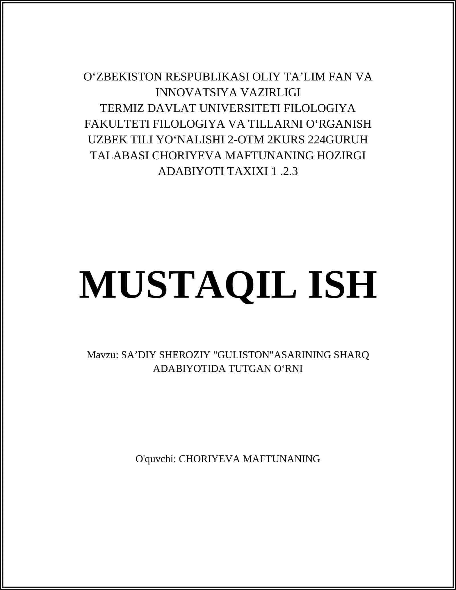 SAʼDIY SHEROZIY "GULISTON"ASARINING SHARQ ADABIYOTIDA TUTGAN OʻRNI