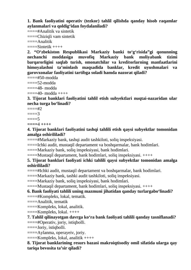 Banklarda buxgalteriya hisobi fanidan test 220 ta