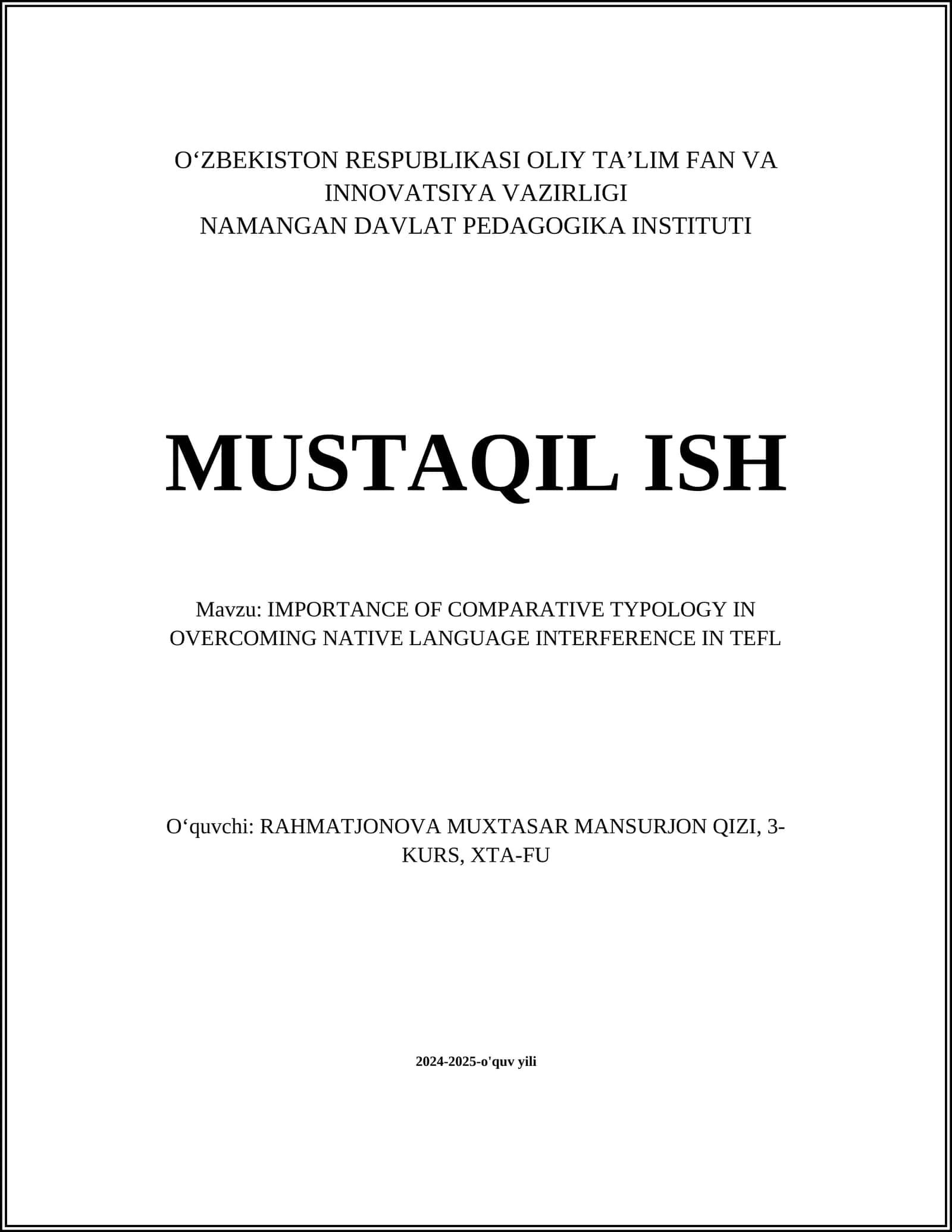 IMPORTANCE OF COMPARATIVE TYPOLOGY IN OVERCOMING NATIVE LANGUAGE INTERFERENCE IN TEFL