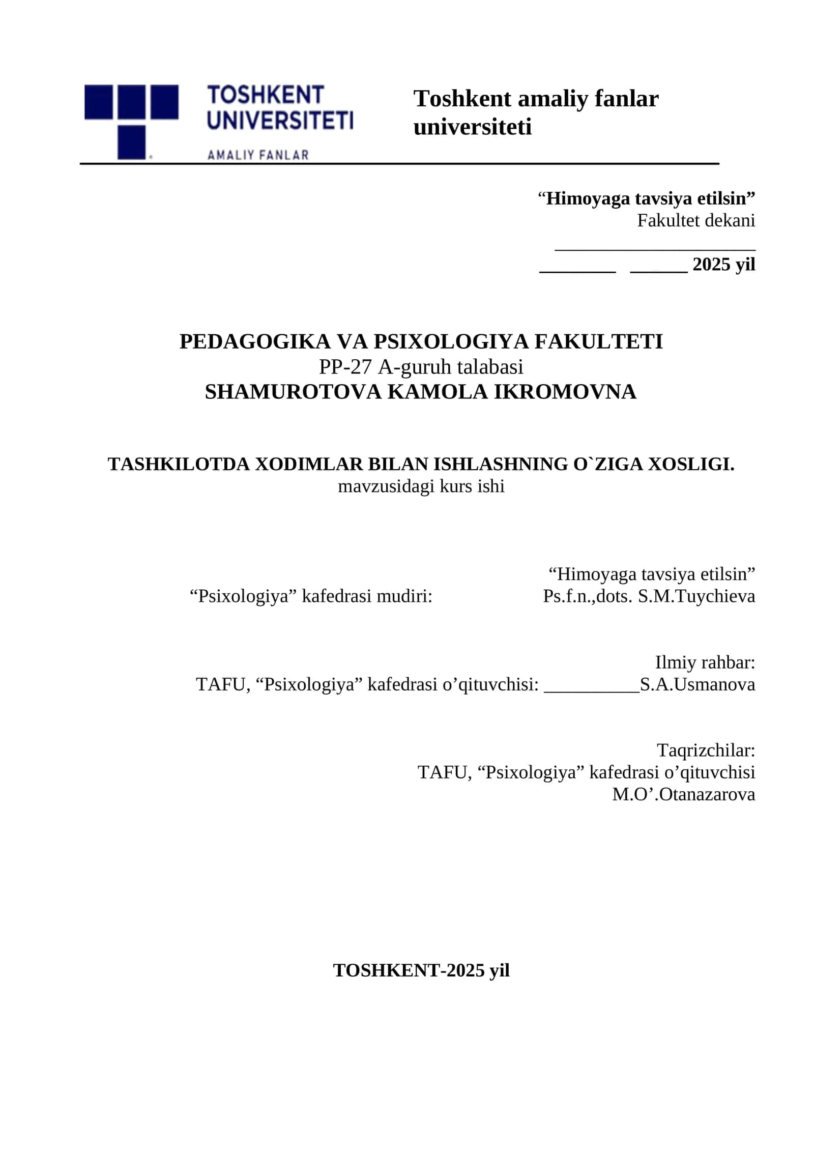 Tashkilotlarda xodimlar bilan ishlashning oʻziga xosligi