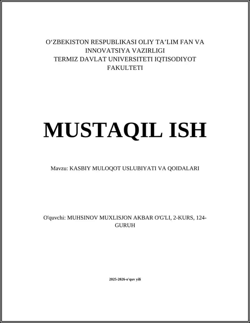 KASBIY MULOQOT USLUBIYATI VA QOIDALARI