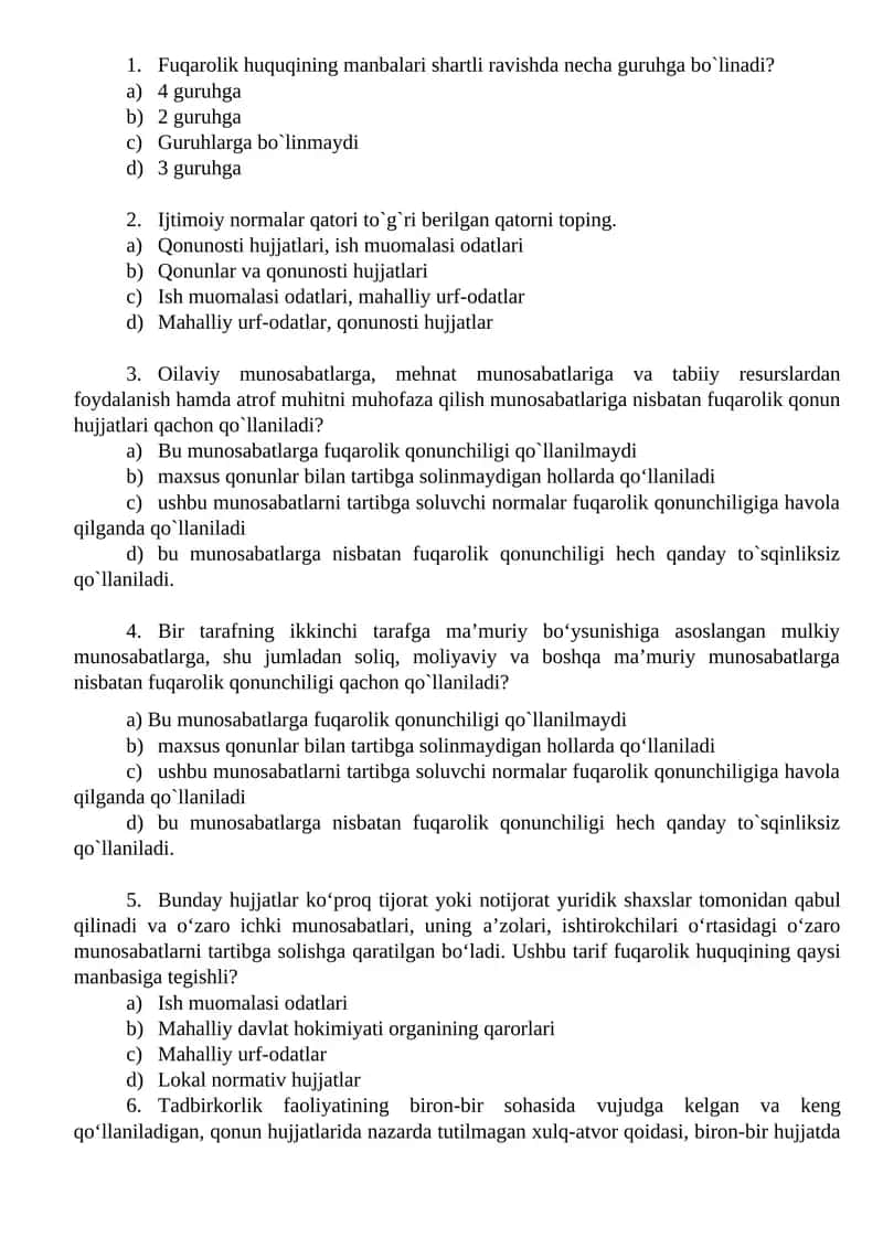 Fuqarolik huquqini o'rganish test savollari