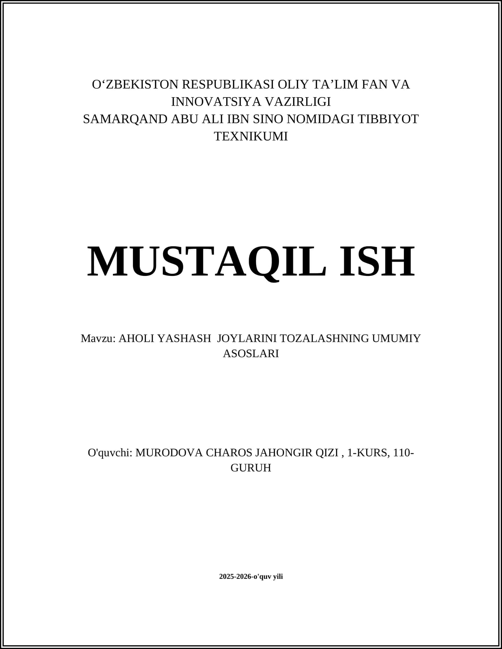 AHOLI YASHASH JOYLARINI TOZALASHNING UMUMIY ASOSLARI