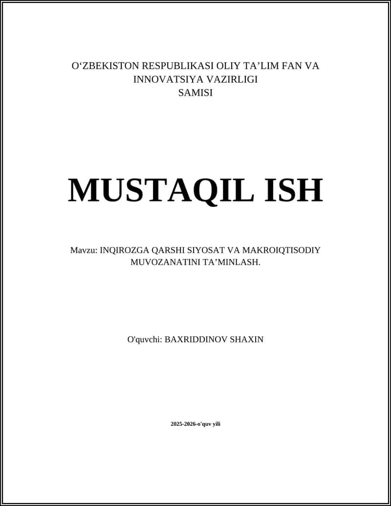 INQIROZGA QARSHI SIYOSAT VA MAKROIQTISODIY MUVOZANATINI TA’MINLASH