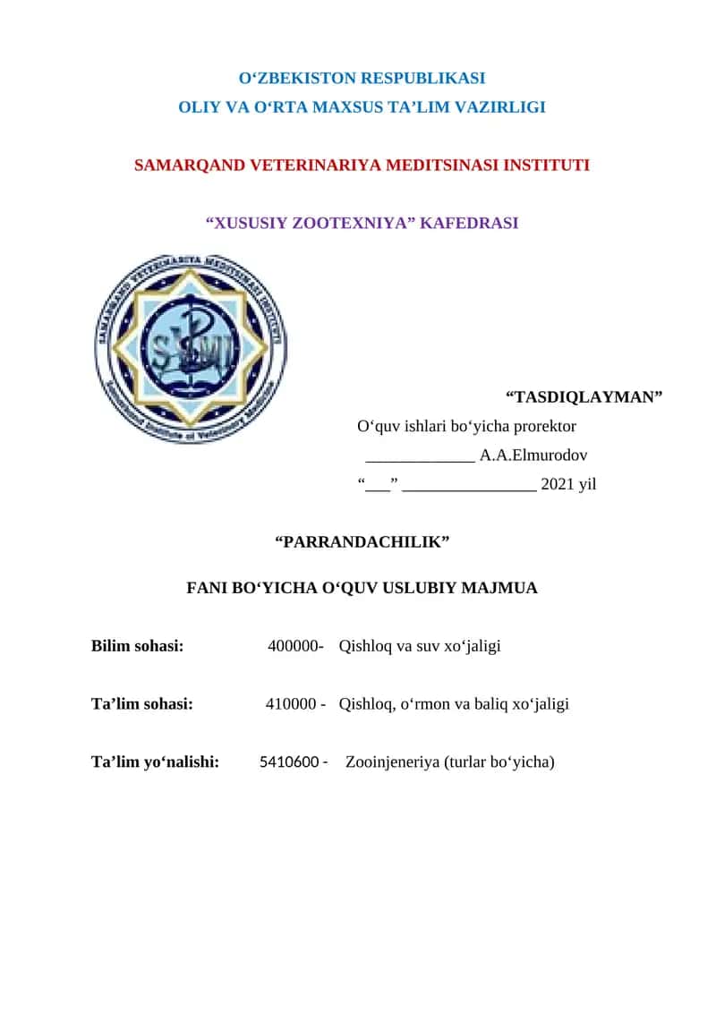 PARRANDACHILIK FANINING O‘QUV-USLUBIY MAJMUASI