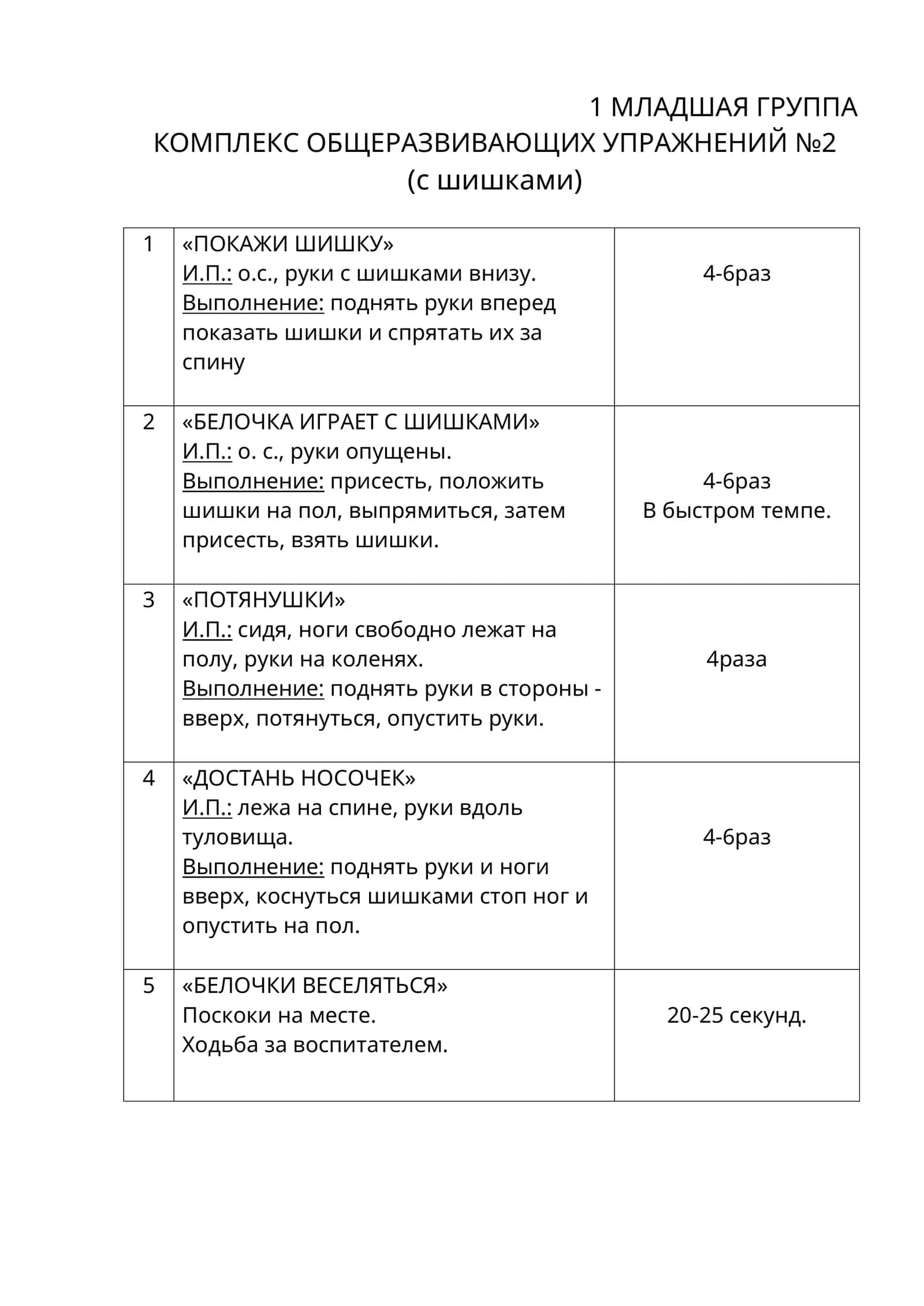 МЛАДШАЯ ГРУППА, КОМПЛЕКС ОБЩЕРАЗВИВАЮЩИХ УПРАЖНЕНИЙ №2 (с шишками)