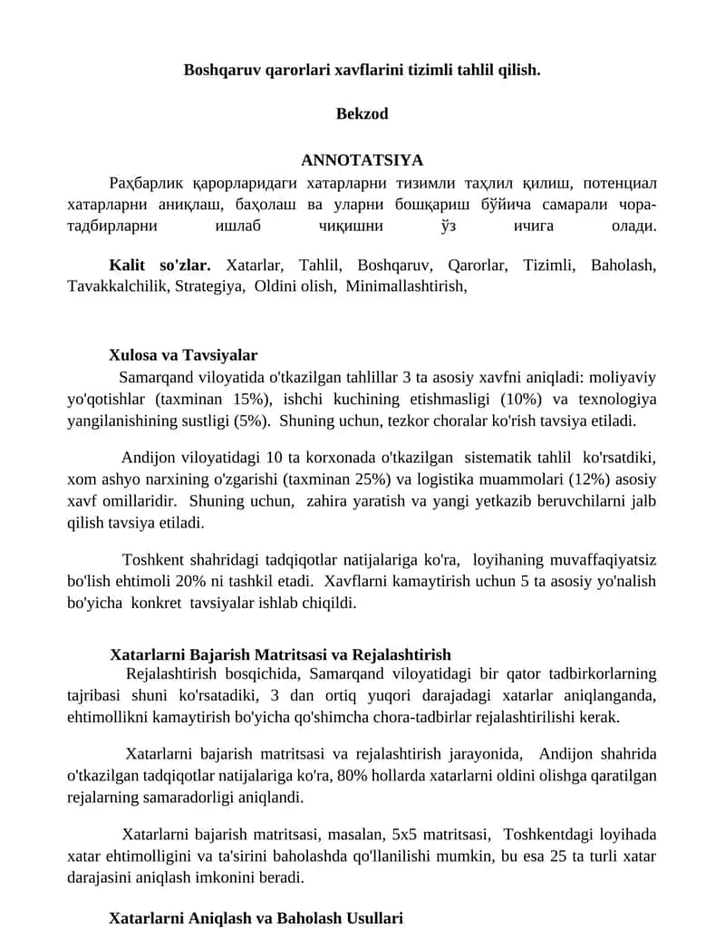 Boshqaruv qarorlari xavflarini tizimli tahlil qilish