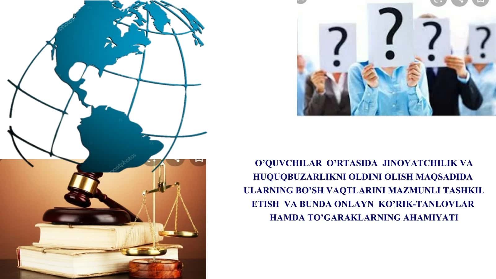 O’QUVCHILAR O’RTASIDA JINOYATCHILIK VA HUQUQBUZARLIKNI OLDINI OLISH MAQSADIDA ULARNING BO’SH VAQTLARINI MAZMUNLI TASHKIL ETISH VA BUNDA ONLAYN KO’RIK-TANLOVLAR HAMDA TO’GARAKLARNING AHAMIYATI