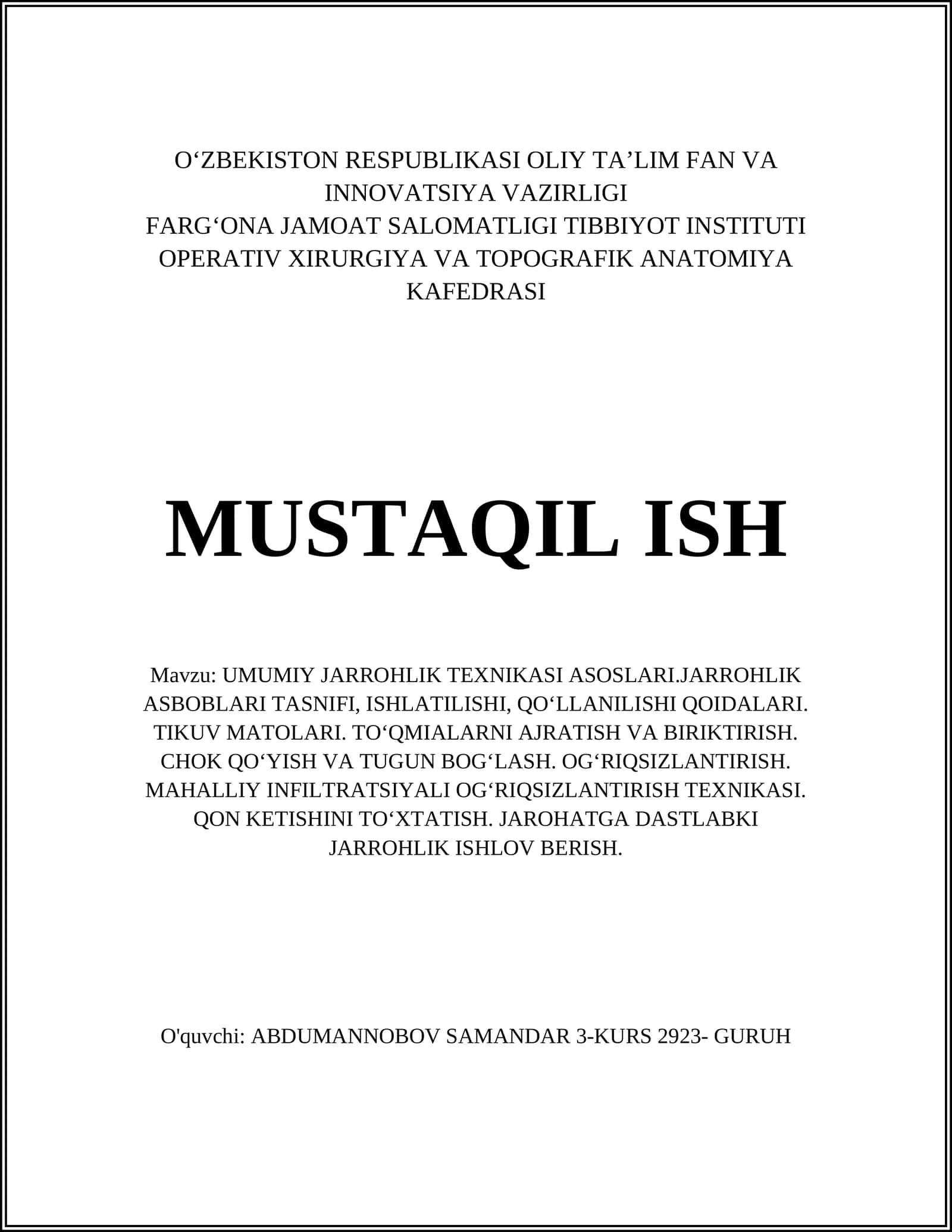 UMUMIY JARROHLIK TEXNIKASI ASOSLARI