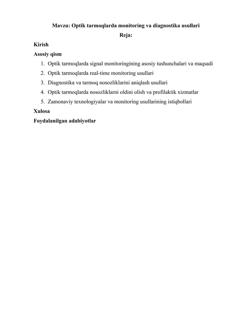 Optik tarmoqlarda monitoring va diagnostika usullari