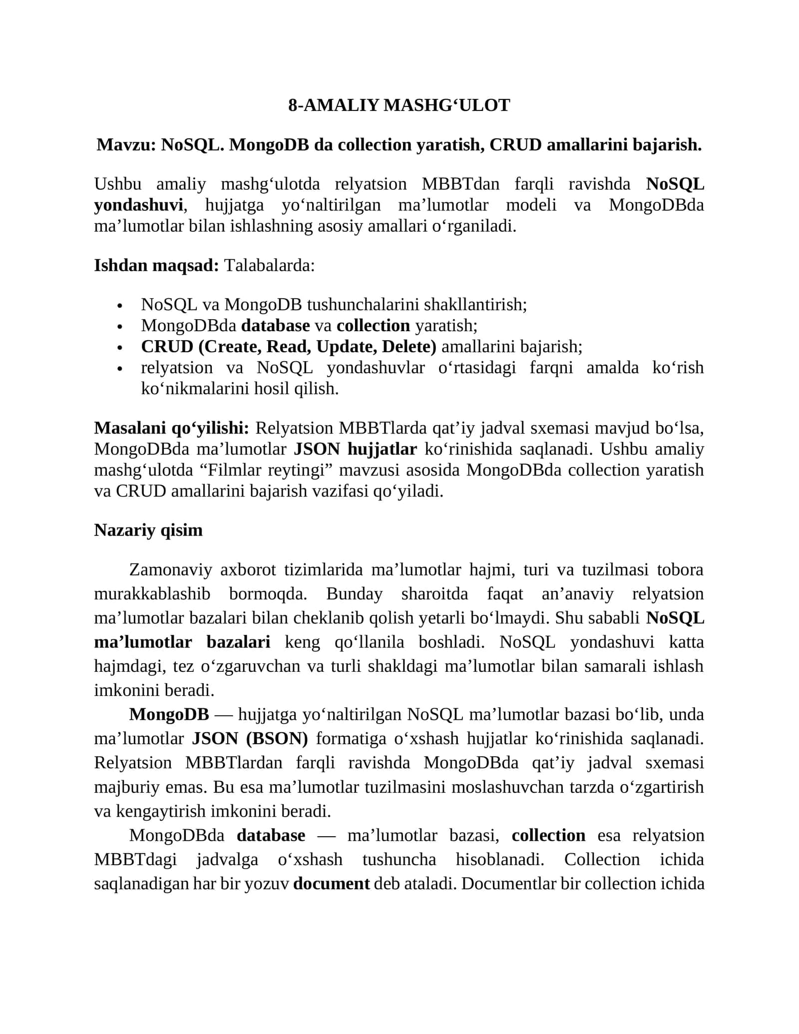 NoSQL. MongoDB da collection yaratish, CRUD amallarini bajarish