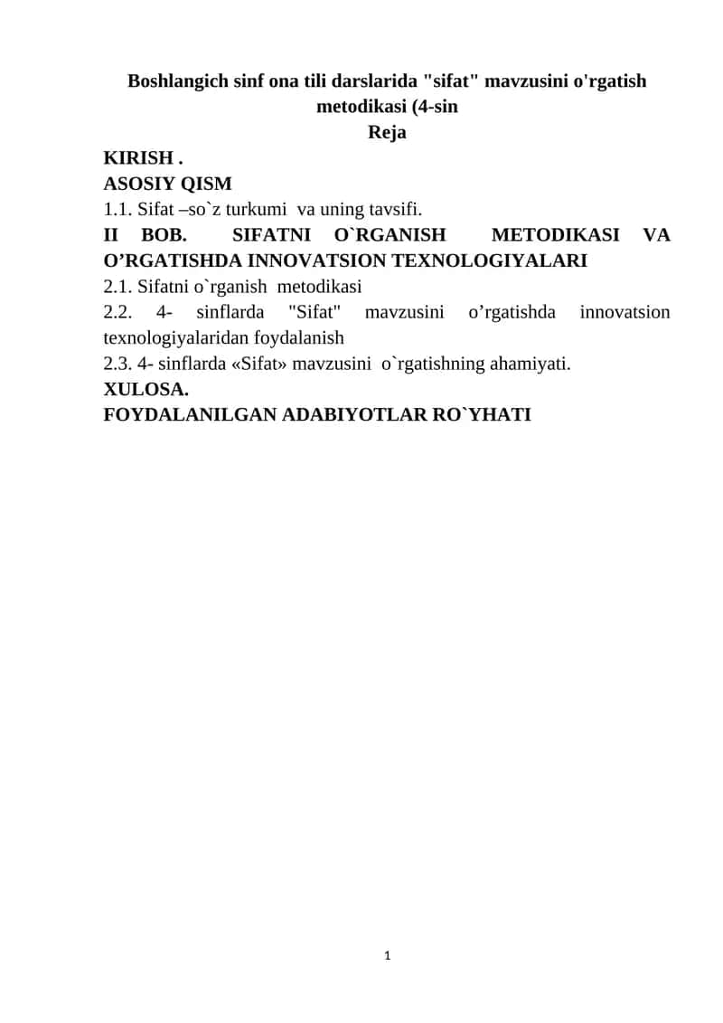 Sifat mavzusini o'rgatish metodikasi