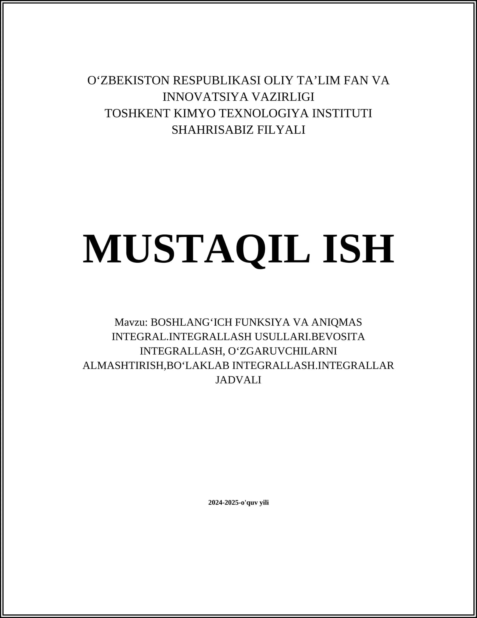 Boshlang'ich funksiya va aniqmas integral