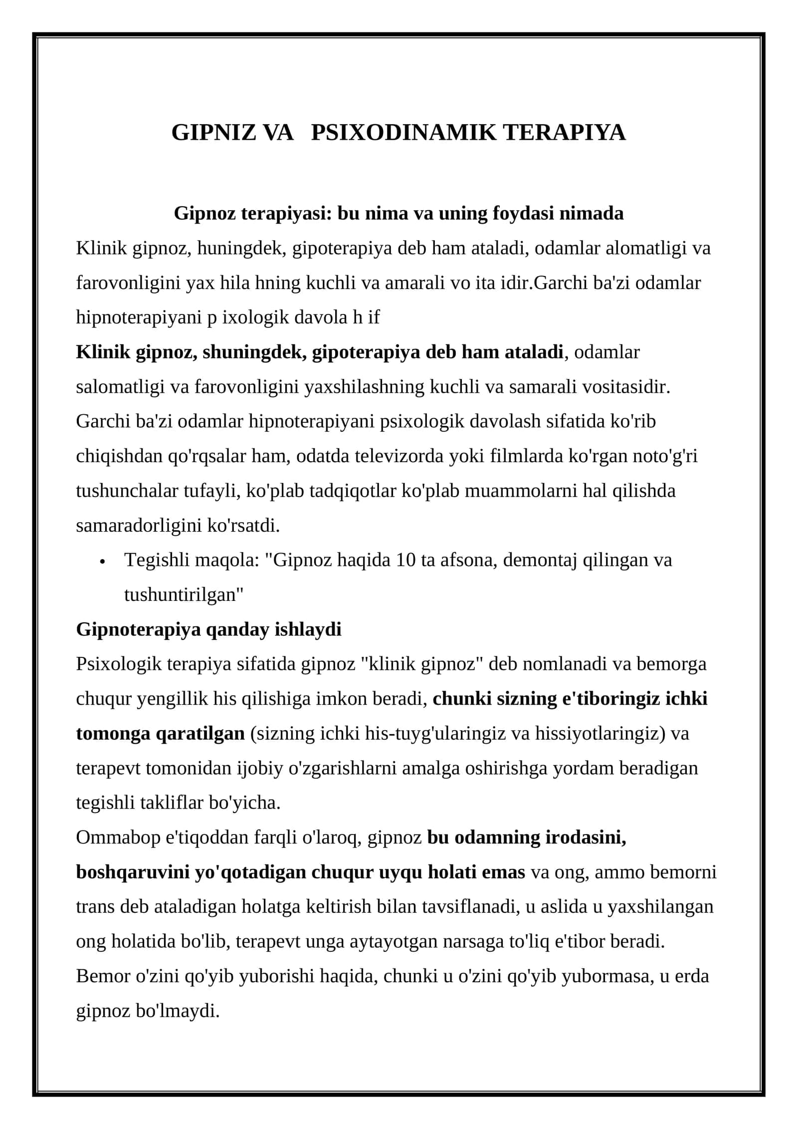GIPNOZ VA PSIXODINAMIK TERAPIYA