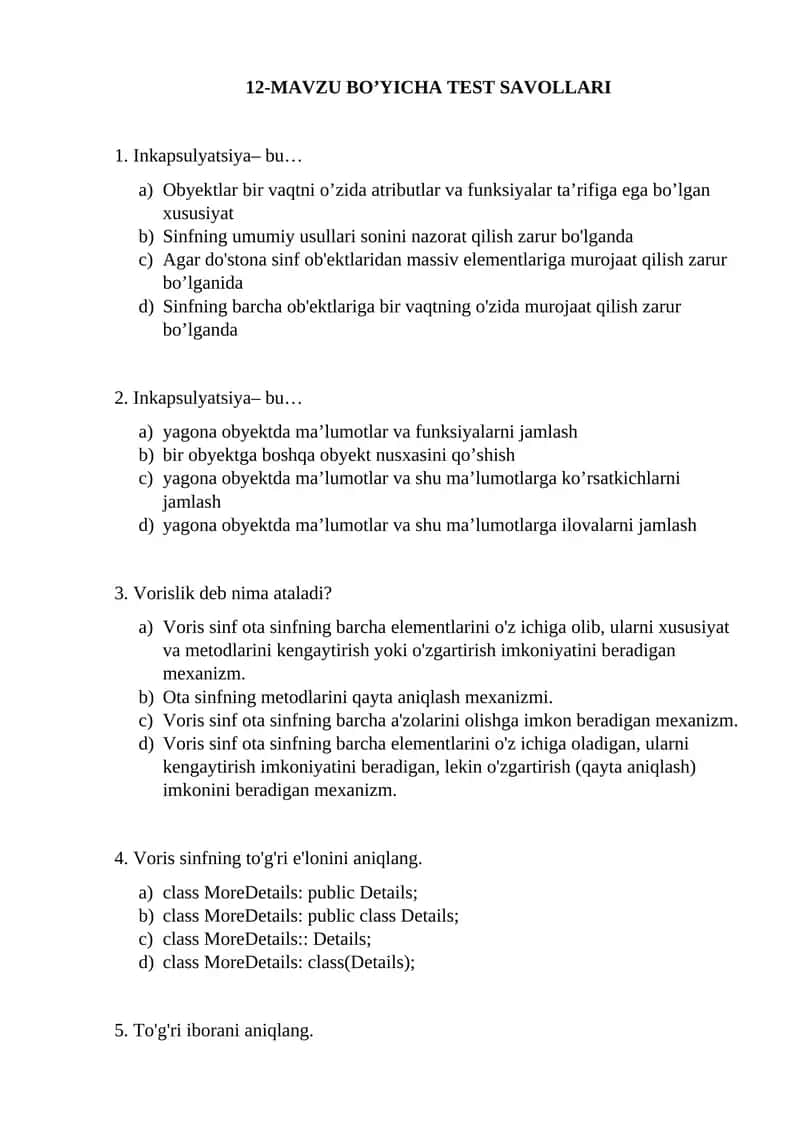 12-MAVZU BO’YICHA TEST SAVOLLARI