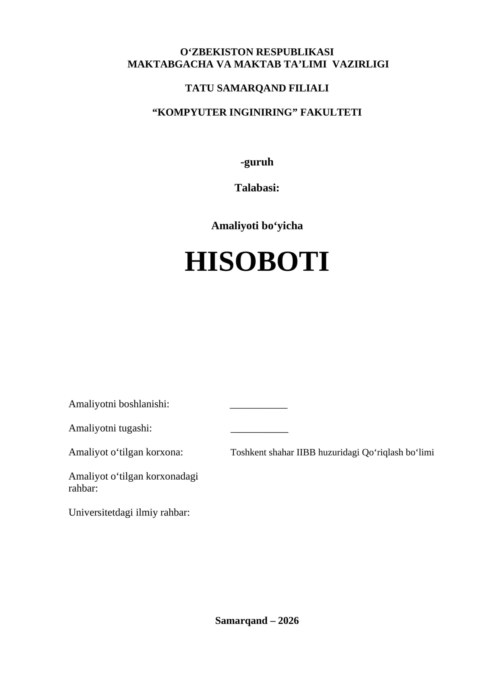 AMALIYOT HISOBOTI. Toshkent shahar IIBB huzuridagi Qo‘riqlash bo‘limi
