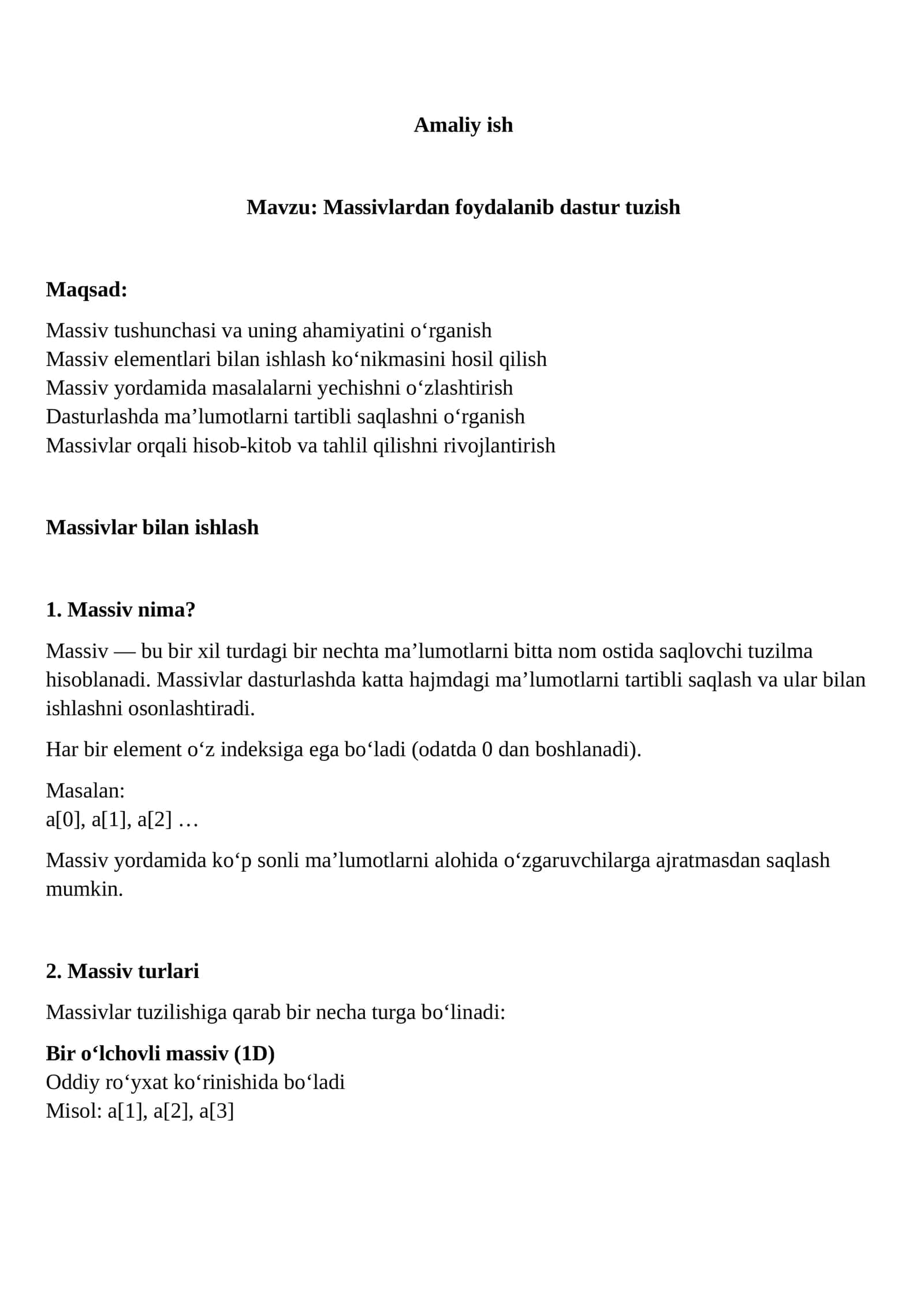 Massivlardan foydalanib dastur tuzish
