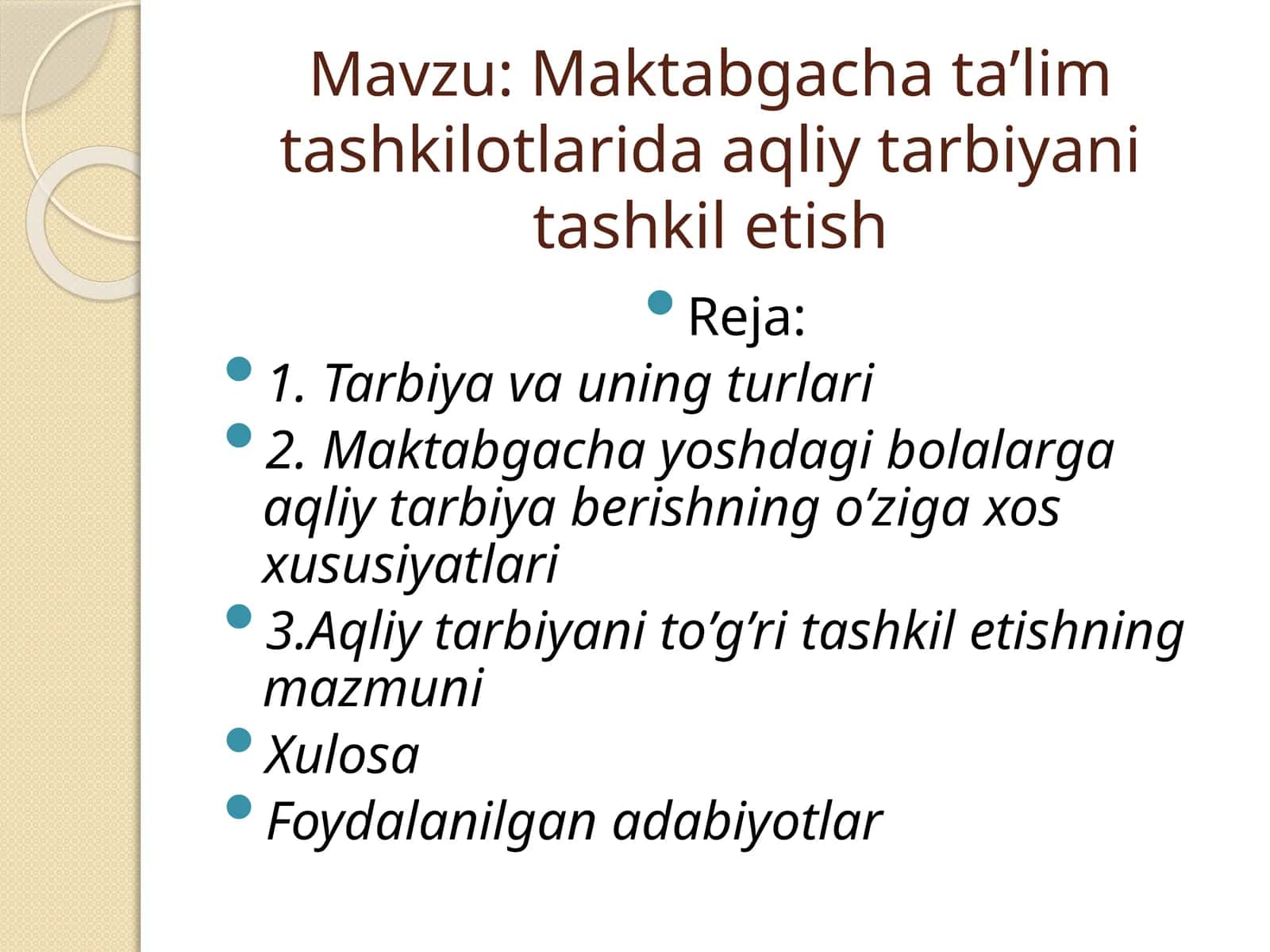 Maktabgacha ta’lim tashkilotlarida aqliy tarbiyani tashkil etish