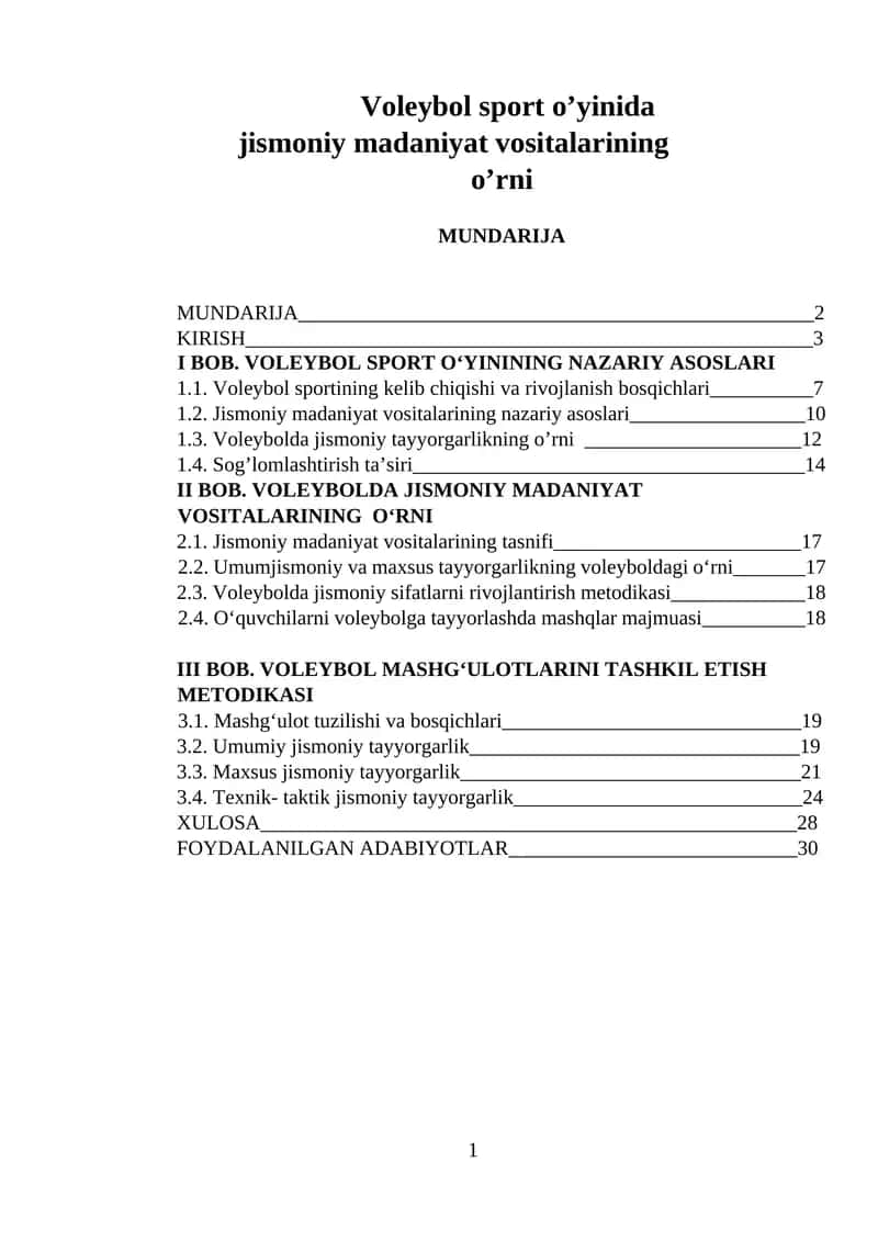 Voleybol sport o'yinida jismoniy madaniyat vositalarining o'rni