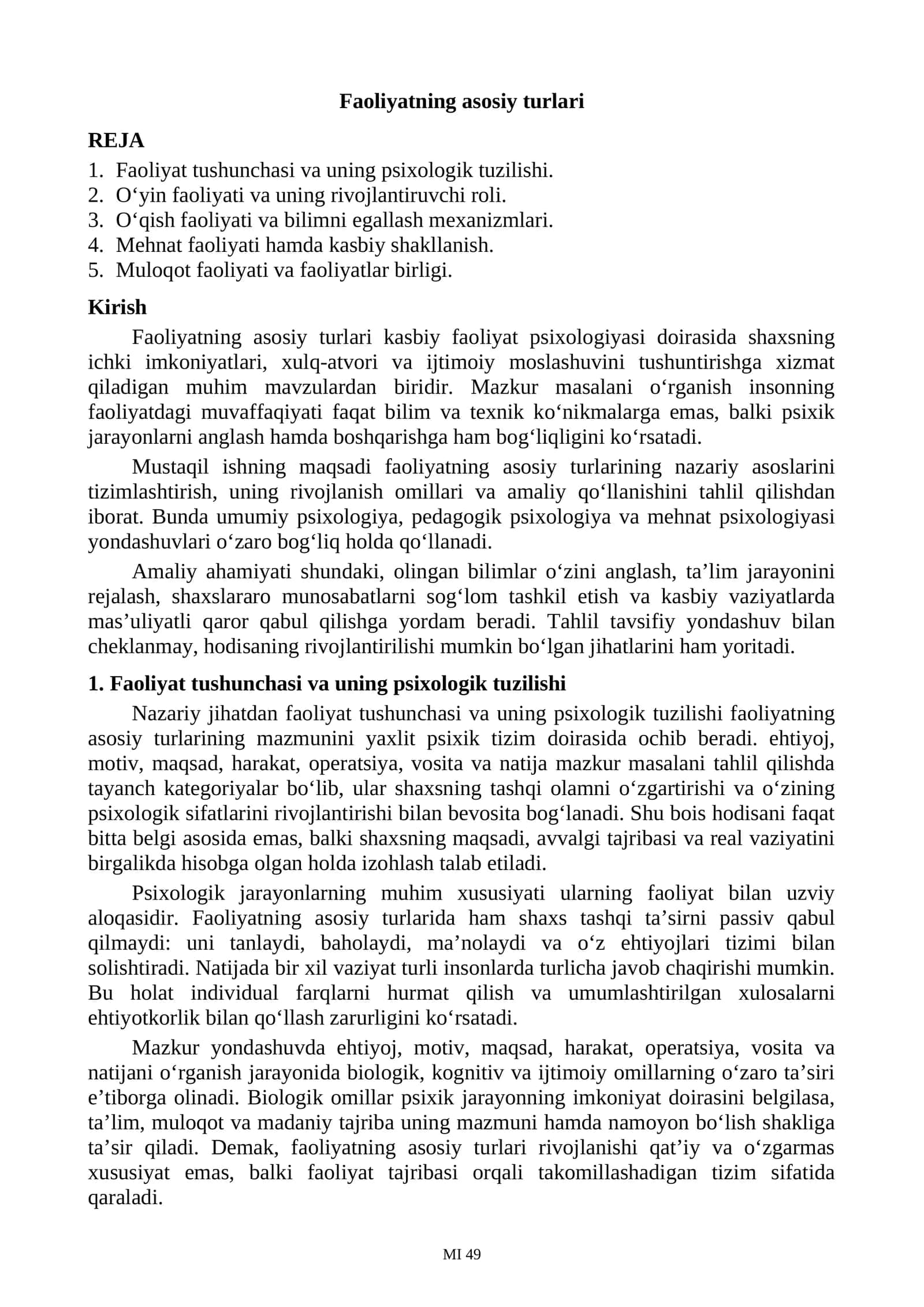 Faoliyatning asosiy turlari