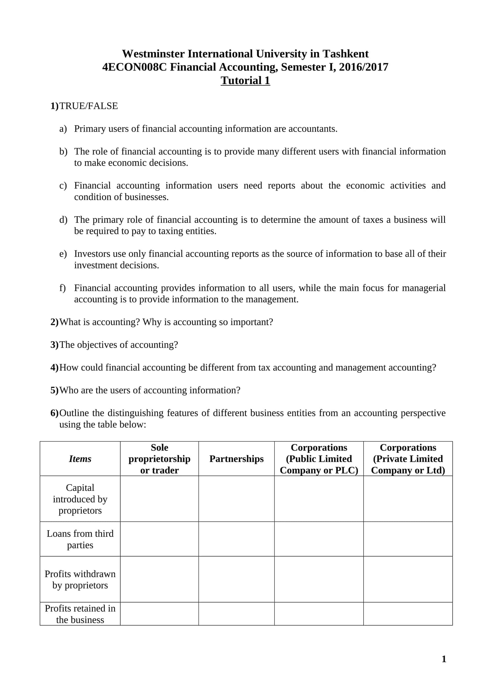 4ECON008C Financial Accounting, Semester I, 2016/2017