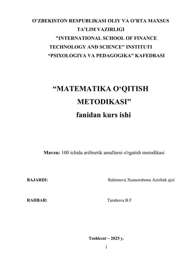 100 ichida arifmetik amallarni o'rgatish metodikasi
