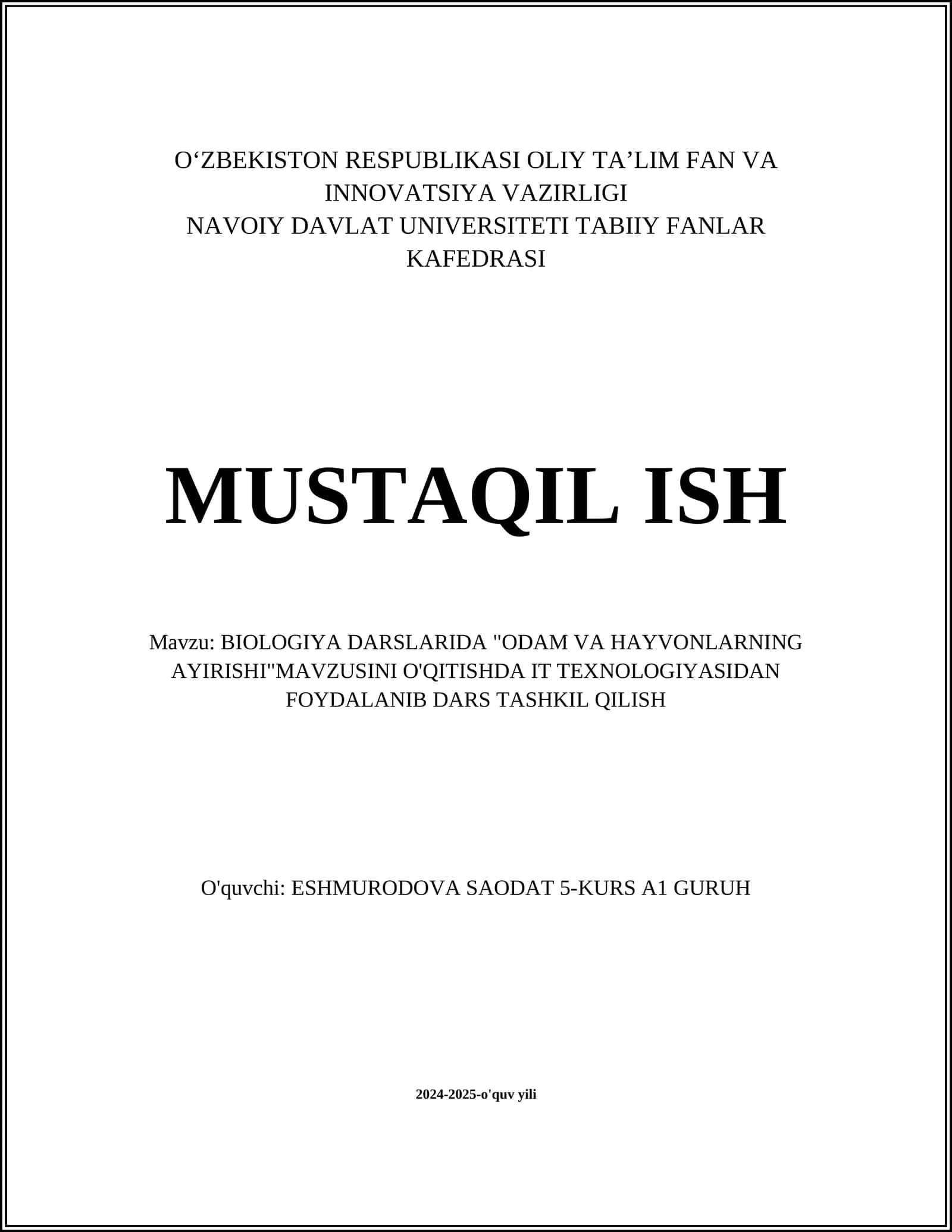 ODAM VA HAYVONLARNING AYIRISHI DARS TASHKIL QILISH