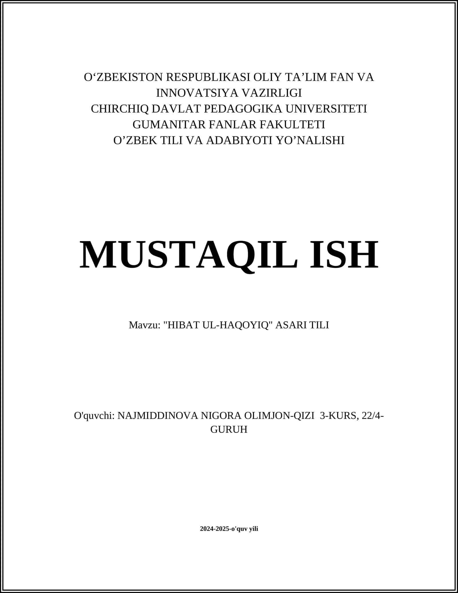 "HIBAT UL-HAQOYIQ" ASARI TILI