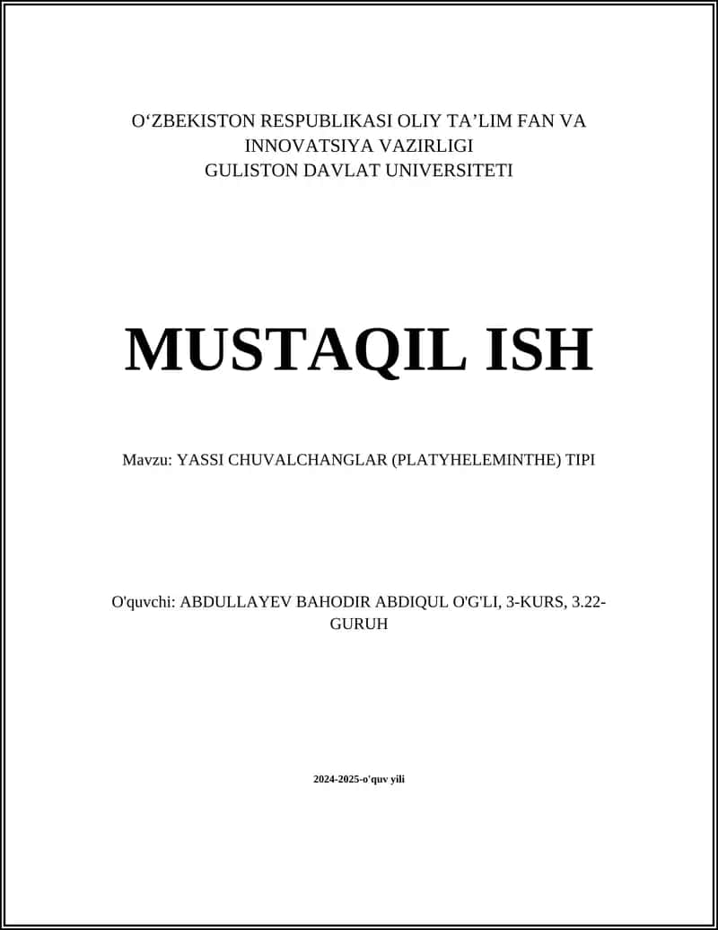 YASSI CHUVALCHANGLAR (PLATYHELEMINTHE) TIPI