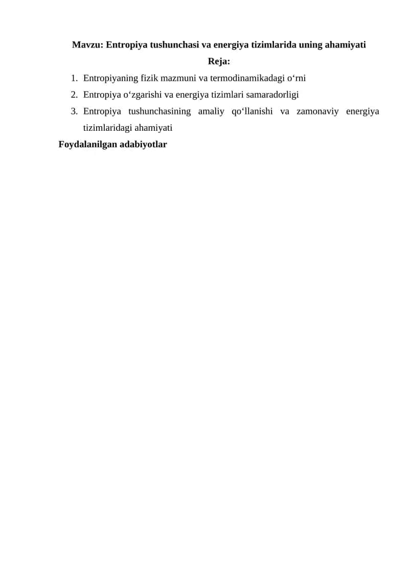 Entropiya tushunchasi va energiya tizimlarida uning ahamiyati