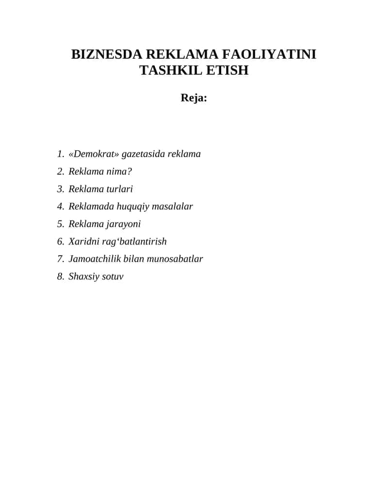 "BIZNESDA REKLAMA FAOLIYATINI TASHKIL ETISH"