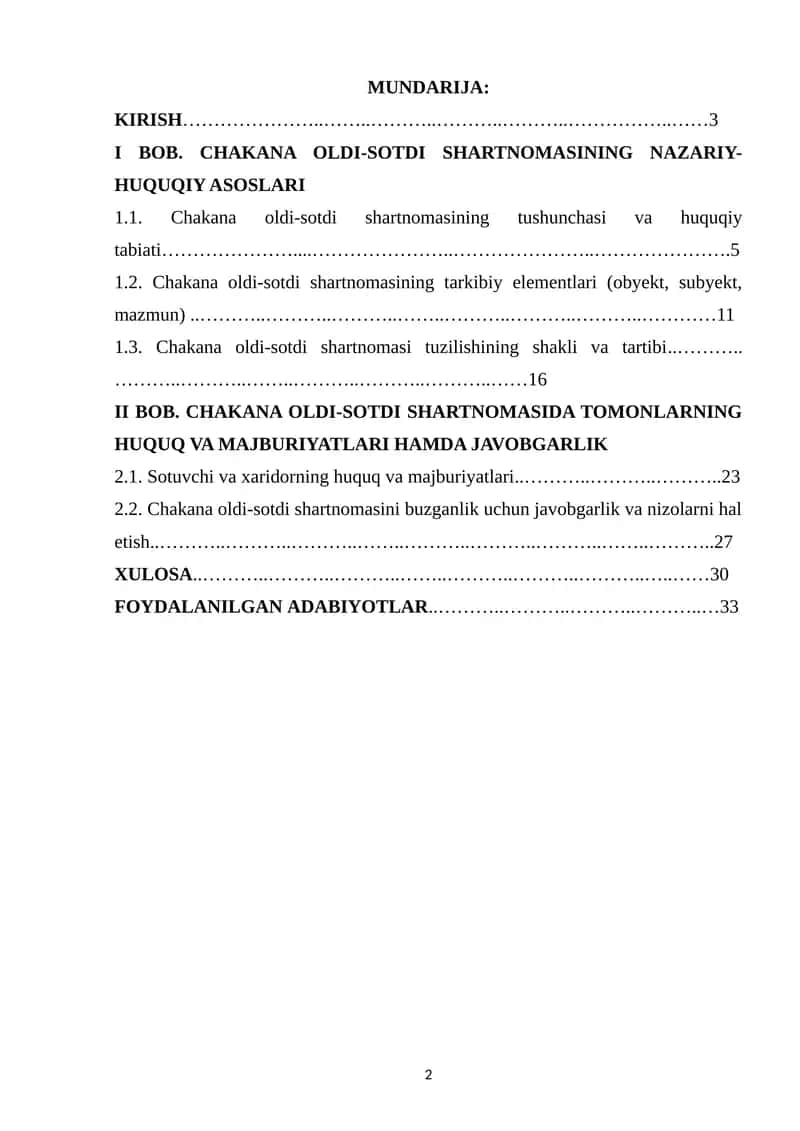 CHAKANA OLDI-SOTDI SHARTNOMASINING FUQAROLIK-HUQUQIY XUSUSIYATLARI