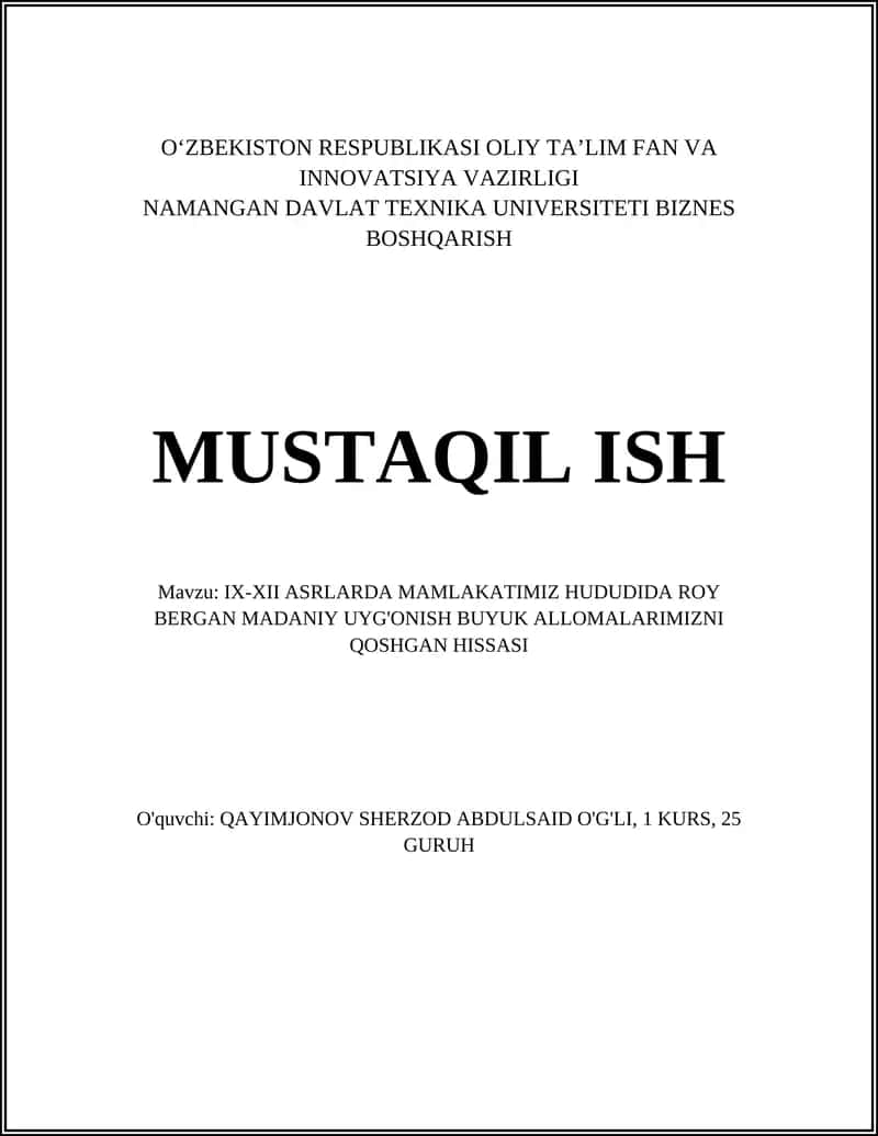 IX-XII ASRLARDA MAMLAKATIMIZ HUDUDIDA ROY BERGAN MADANIY UYG'ONISH BUYUK ALLOMALARIMIZNI QOSHGAN HISSASI
