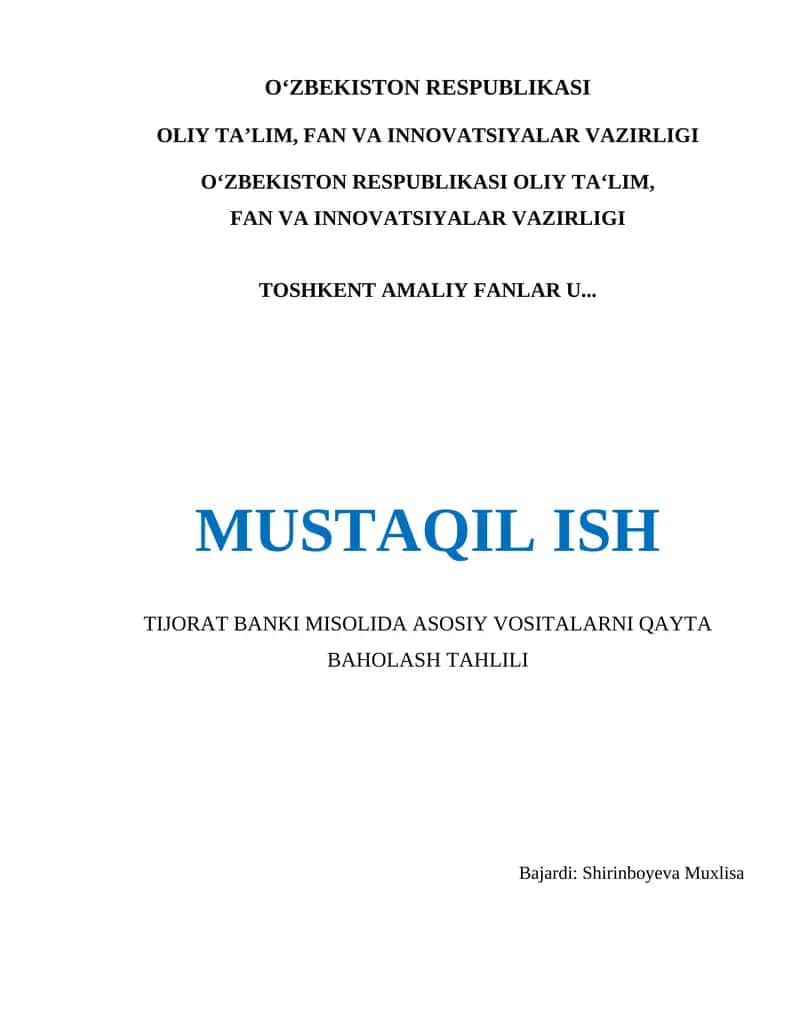 Tijorat banki misolida asosiy vositalarni qayta baholash tahlili