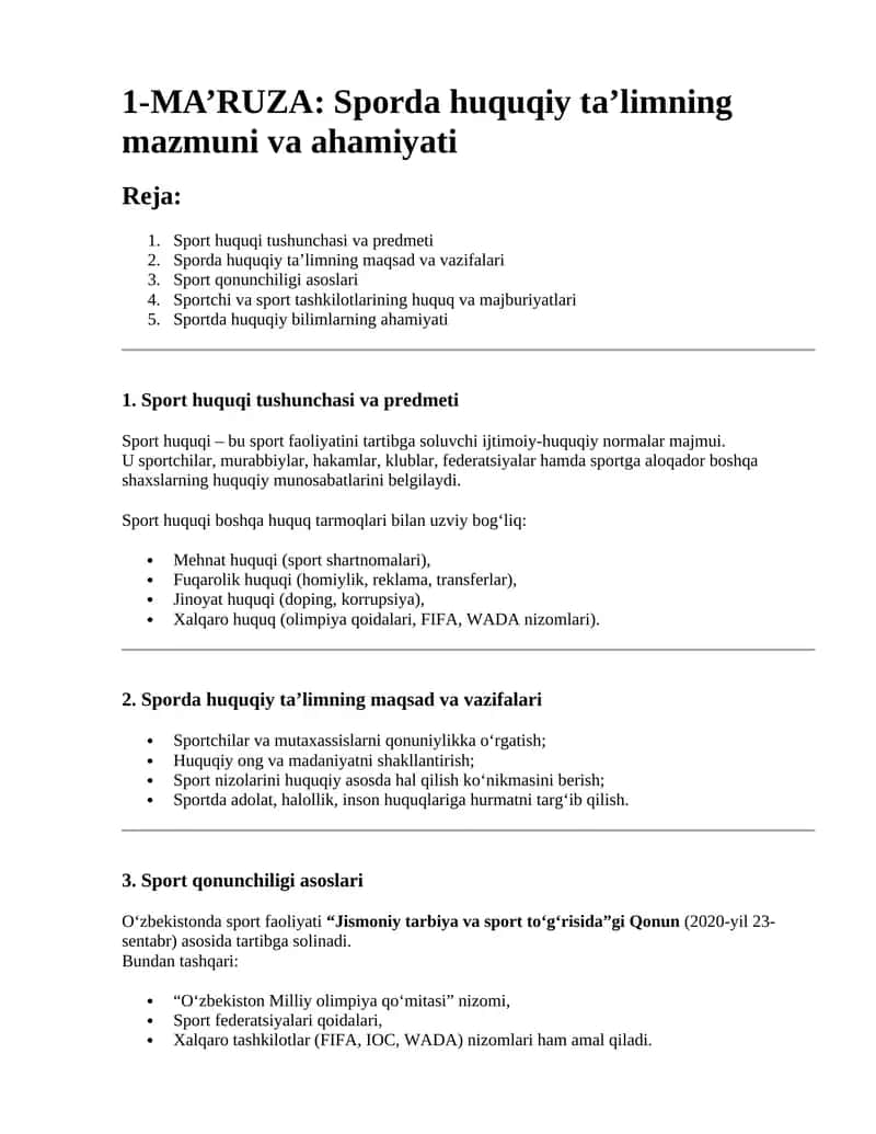 Sporda huquqiy ta'limning mazmuni va ahamiyati